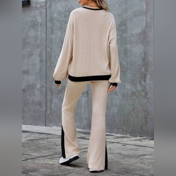 Contrast Round Neck Long Sleeve Top and Bootcut Pants Set - Picture 5 of 6